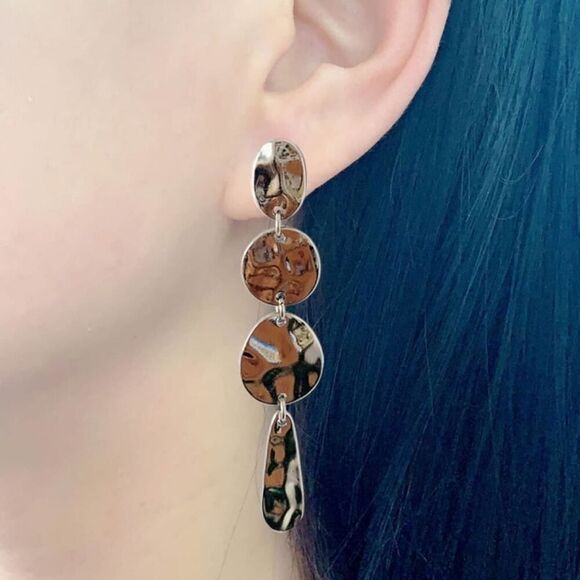 Hammered Circle Drop Earring Silver Color - Picture 2 of 8